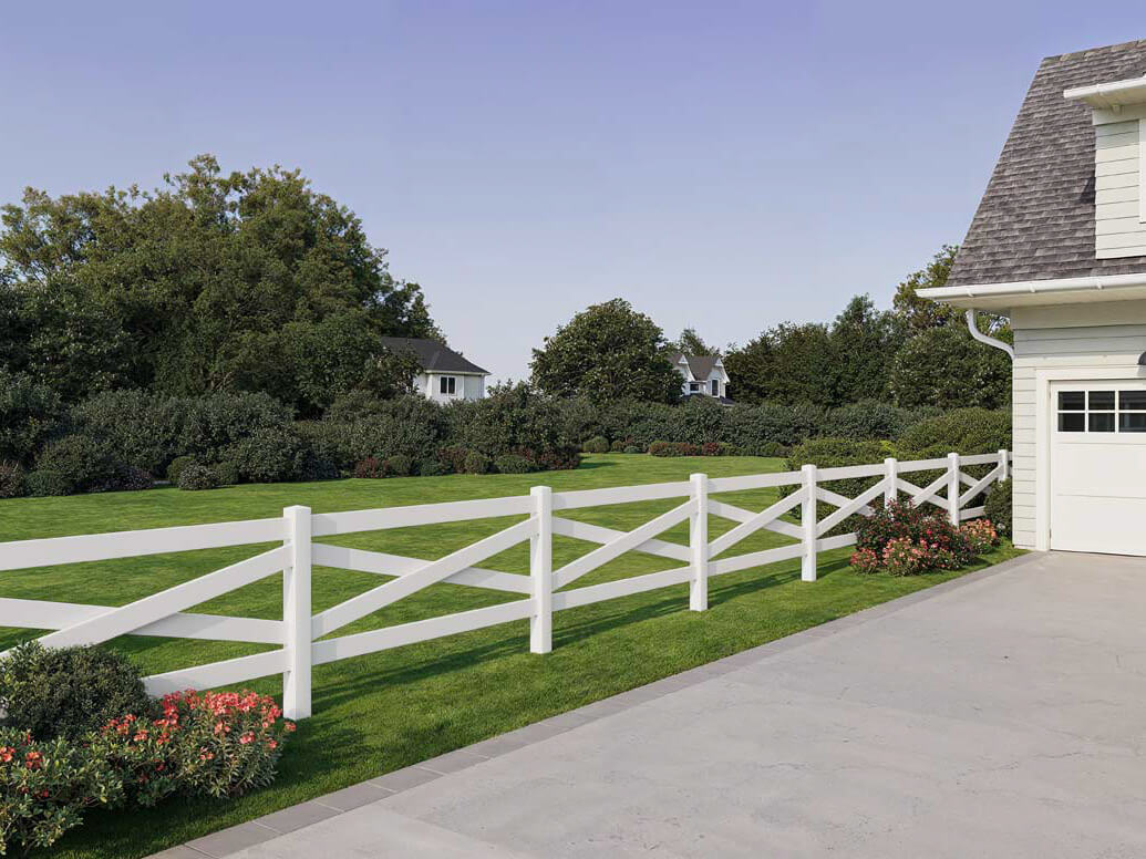 Crossbuck vinyl fence installed out front of a residential property in St. Louis Missouri